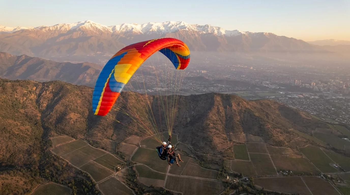Vuelo tándem en parapente sobre el valle del Maipo con la cordillera de los Andes al fondo, cerca de Santiago